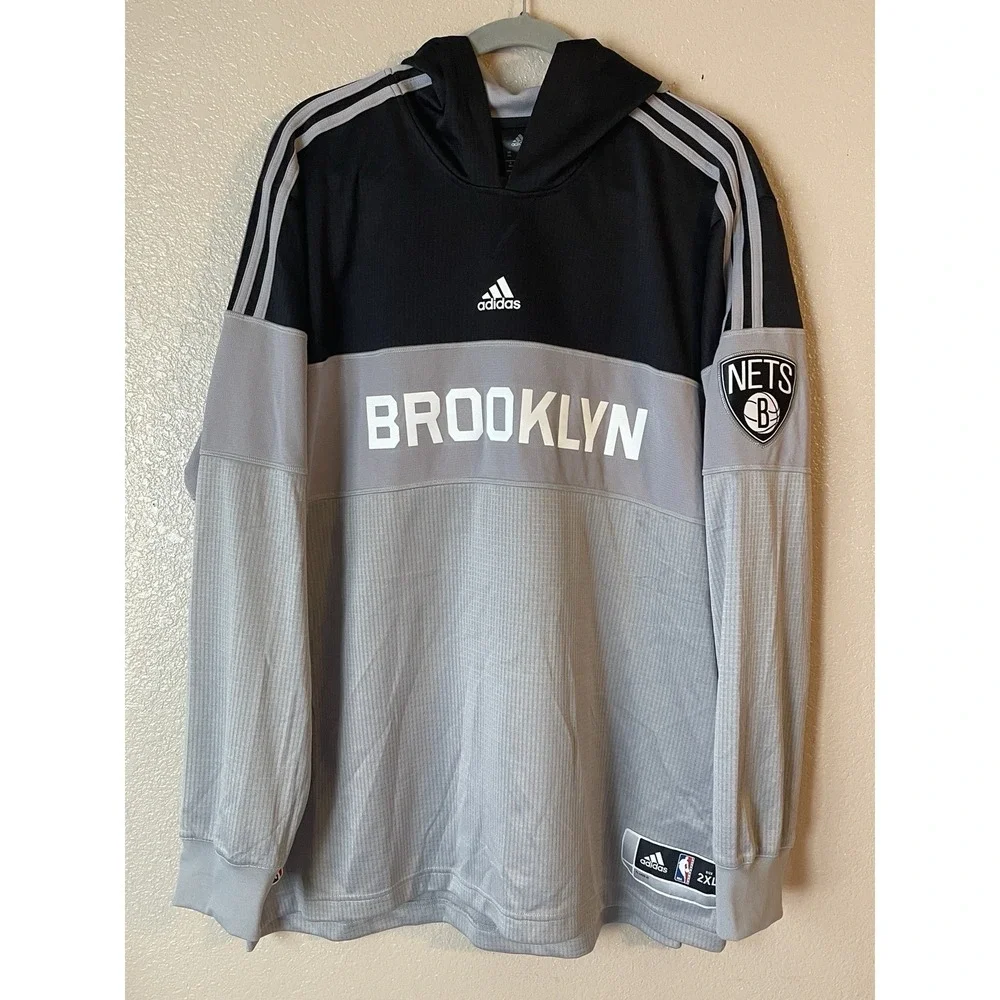 Men's 2XL NWOT Brooklyn Nets Adidas Color Block Pullover Hoodie Gray